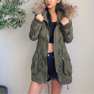 SLY Olive Green Slim Fit Puffer Jacket with Removable Lining | Size S